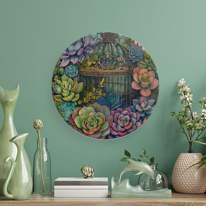 Garden Scenery Theme Decorative Ceramic Plate Round Porcelain Plate,Succulents and Bird Cage Pattern,for Decorative Ornaments Giving Plates, 1 Plate with 1 Display Stand,Green,7 inch