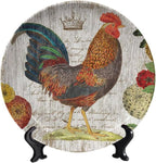 Rooster Decorative Plate Holder, 6 Inch, Crown Chicken In Flowers Round Display Plate, Home Wobble-Plate with Display Stand, for Kitchen Living Room Office Countertop Decor