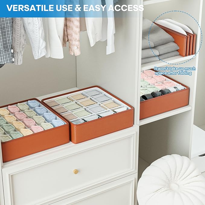 Fashion Leather Sock Underwear Drawer Organizer clothes, Closet Dividers，64 Cell (16+24+24) Foldable Leather Storage Box for Panties, Ties, Accessories（3 Pack）