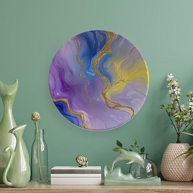 Marble Texture Theme Decorative Ceramic Plate Round Porcelain Plate,10 inch,Abstract Pattern,for Decorative Ornaments Giving Plates,1 Plate with 1 Display Stand,Purple Gold