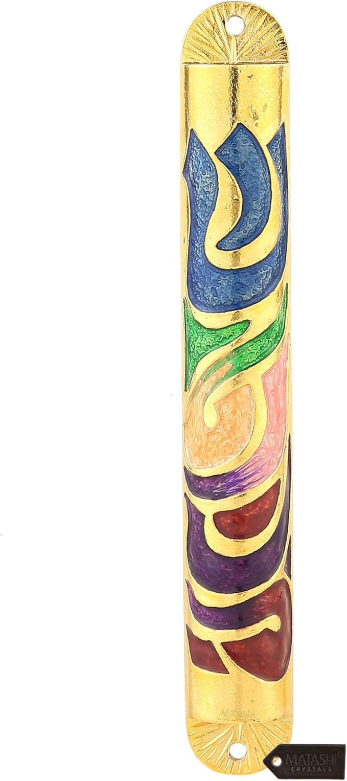 Matashi Gold Hand Painted Multi Color Enamel 6 inch Mezuzah Embellished with Hebrew Shin Home Door Wall Decor Home Décor Jewish Holiday Housewarming Present House Blessing Gift for Holiday Festival