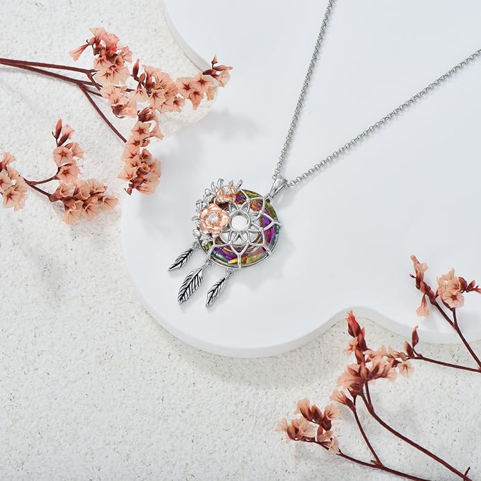 Dream Catcher Crystal Pendant Flower Urn Necklace Jewelry 925 Sterling Silver Keepsake Cremation Necklaces for Human Pet Ashes for Women