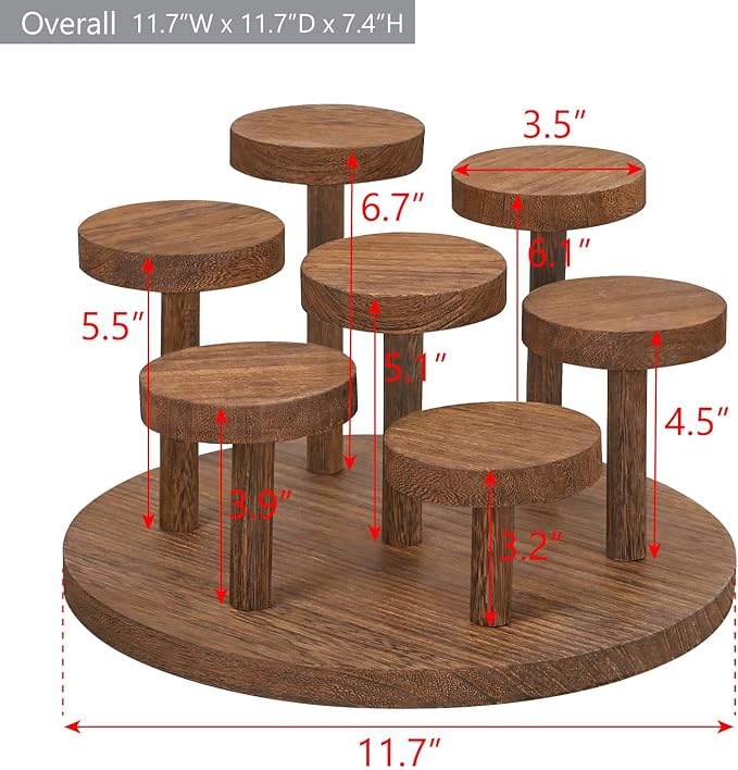Ikee Design 7-Tier Wooden Display Riser for Jewelry, Accessories, and Collectibles items Wooden Jewelry and Figurine Display Risers, Multilevel Stand for Action Figures and Home Decor, Brown Color
