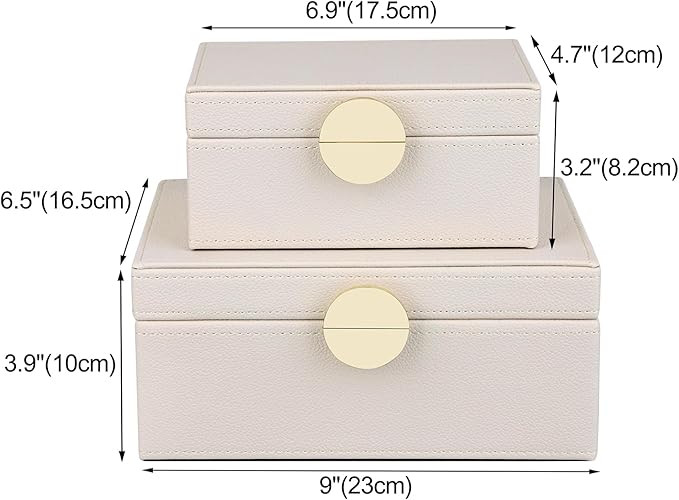 HofferRuffer Faux Leather Jewelry Boxes, Decorative Boxes Storage Accessory Organizer with Gold Hardware Decor, Classic Vegan Leather Set of 2 Pieces (CreamWhite)