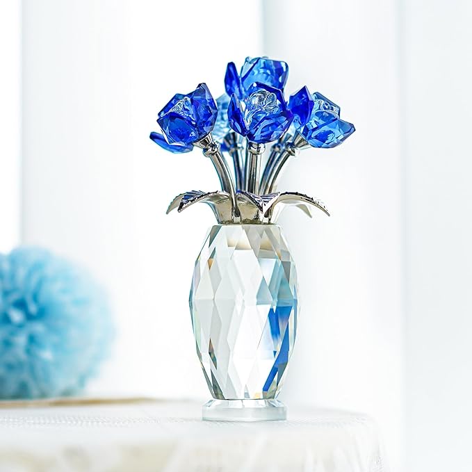 H&D HYALINE & DORA Blue Crystal Rose Flower Paperweight,Glass Flower Gifts for Women Girl Wife,Crystal Flowers Bouquet Collectible for Christmas Day Wedding Anniversary