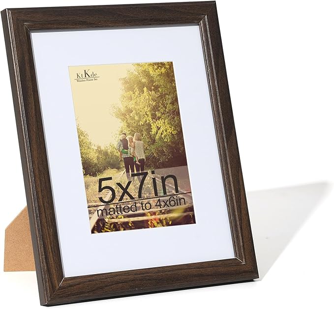 KTKDE 5x7 Picture Frame, Photo Frame Walnut with Real Glass for Picture 4x6 photo with Mat or 5x7 photo without Mat, Composite Wood Picture Frames for Table Top and Wall best gift