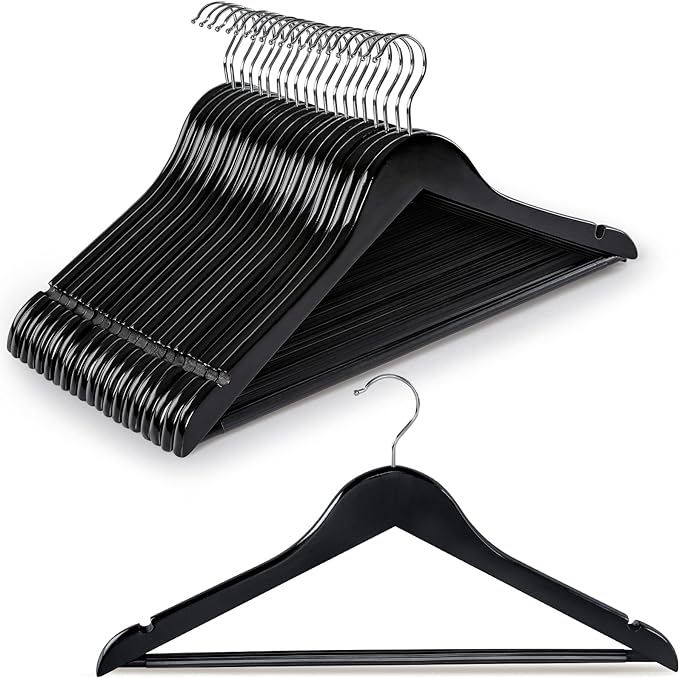 TOPIA HANGER Wooden Hangers 20 Pack, Black Wood Coat Hangers for Closet with Non-Slip Pants Bar, 360° Swivel Hook and Shoulder Notches for Camisole, Suit, Jacket, Pants-CT34B20
