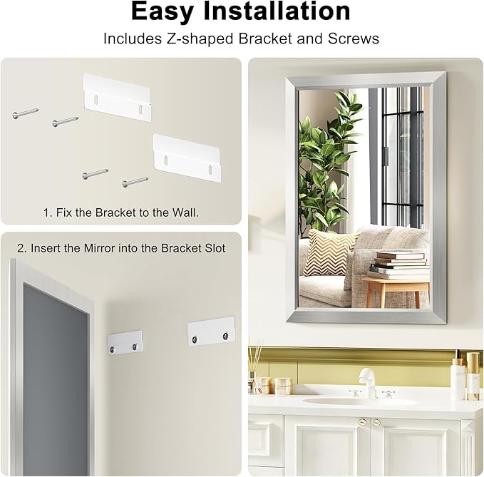 Bathroom Mirror for Over Sink,24x36Inch Silver Thick Anti-Rust Metal Frame, Rectangle Decorative Wall Mirror with HD Tempered Glass, Horizontal or Vertical Mount for Vanity, Bathroom,Living Room