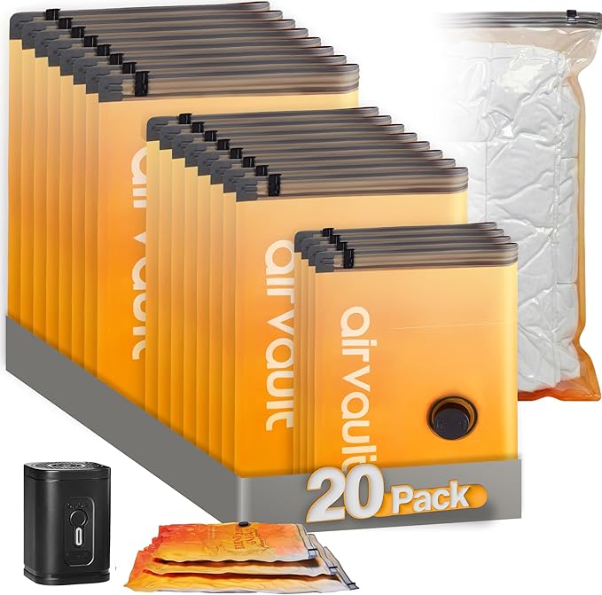 AirVault Vacuum Storage Bags for Travel & Home - Space Saver Compression Packing Bags Set for Clothes, Blankets & Seasonal Storage, Small (4), Medium (8), Large (8) (Orange,20-Pack Combo)