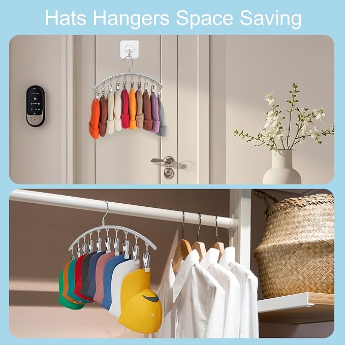 Hat Hangers for Closet, Metal 2 Pack Hat Organizer Holder for Hanger Closet Display, Hat Racks for Baseball Caps w/10 Clips, Hat Holder for Ball Caps & Accessories, for Men Women, Grey
