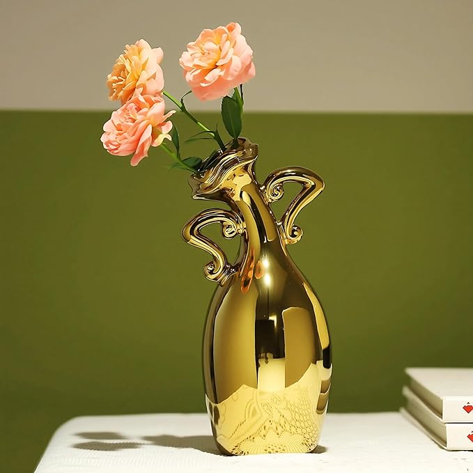 Golden Ceramic Small Necked Vase, A Novel and Cute Unique Shaped Vases, 7-Inch Modern Home Decoration Vase, Can Be Used As A Golden Home Decoration for Dining Tables, Bookcases and Desks