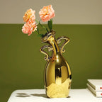Golden Ceramic Small Necked Vase, A Novel and Cute Unique Shaped Vases, 7-Inch Modern Home Decoration Vase, Can Be Used As A Golden Home Decoration for Dining Tables, Bookcases and Desks