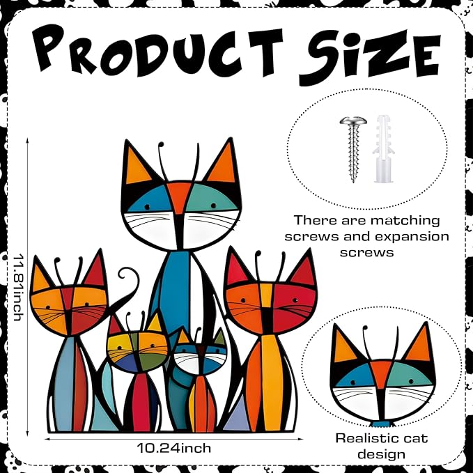 Wesiti Cat Wall Art Decor Iron Wall Sculptures Decor for Cats Lover 10.2 x 11.8 Inches Colorful Mid Century Cat Retro Signs for Home Living Room Bedroom Kitchen Office(Trendy)