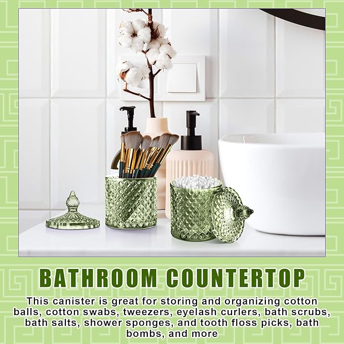 Aoriher 4 Pcs Crystal Glass Candy Jar Set with Lids Home Decorative Storage Jars for Apothecary, Bathroom, Kitchen, and Pantry, Ideal for Cotton Swabs and Jewelry (Medium,Green)