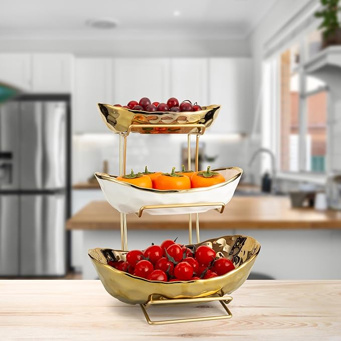 jessie 3 Tier Ceramic Fruit Basket for Kitchen Counter with Metal Stand, Fruit Bowls with Rack, Porcelain Bowls for Vegetable Bread Candy Snack Nuts Dessert Cake Tray (Gold Triple Layer)
