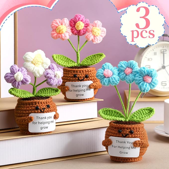 Wavwavw 3 Pack Teacher Appreciation Gift Positive Flower Handmade Crochet Doll Thank You for Helping Me Grow Gifts Back to School Gifts for Women Teacher(Puff Flower)