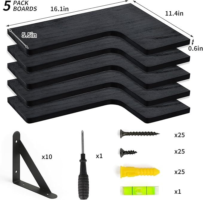 Fixwal Corner Shelves Wall Mounted Set of 5, Floating Shelves for Wall Bathroom, Kitchen, Bedroom, Home Decor, Laundry Room, Living Room (Black)