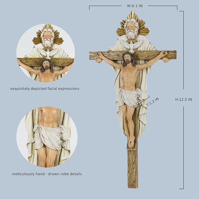 Grace4Joy Holy Trinity Wall Cross, 12.5 Inches Holy Trinity Crucifix Catholic Home Decor, Hand Painted Holy Spirit Jesus Cross for Wall Religious Housewarming Gifts