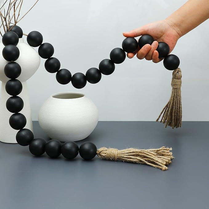 Large Black Wooden Beads Garland Farmhouse Decor 50inch long with 1.6" Diameter beads, Wood Beads Decor Tassel Garland Decorative Boho Country Decoration for Coffee Table Home Tiered Tray Wall Hanging