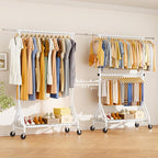 Heavy Duty Clothes Rack for Hanging Clothes, Double Rods Clothing Rack with Lockable Wheels, Rolling Garment Racks with Shelf, Easy to Assemble, White