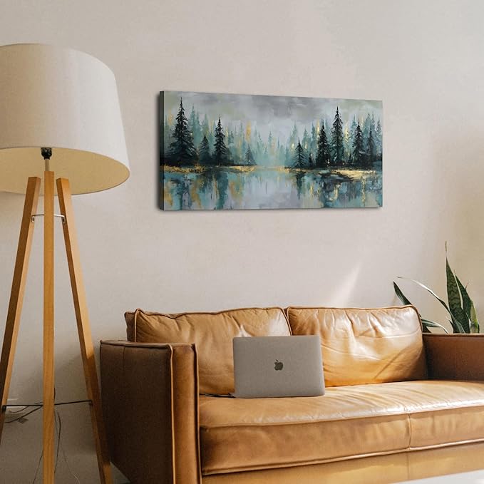 Green Forest Wall Art Vintage Fog Pine Trees Landscape Wall Decor Nature Green and Gold Forest Lake Scenery Canvas Prints Pictures Farmhouse Artwork for Kitchen Living Room Home Decorations 20x40"