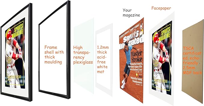 4 Packs Sports Magazine Frame Fits Measuring 8.5 x 11.25 Inch Magazine Display Frame with White Core Matting and Installed Hangers for Wall Hanging