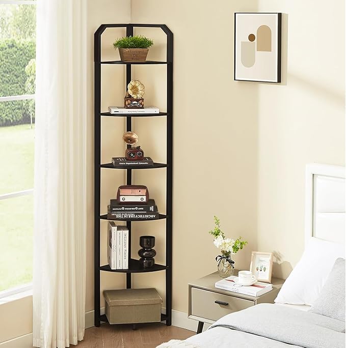 MNEETRUNG 71" Corner Shelf,6 Tier Industrial Corner Bookshelf, Freestanding Shelf Stand for Small Space,Home Office,Living Room,Bedroom,Black