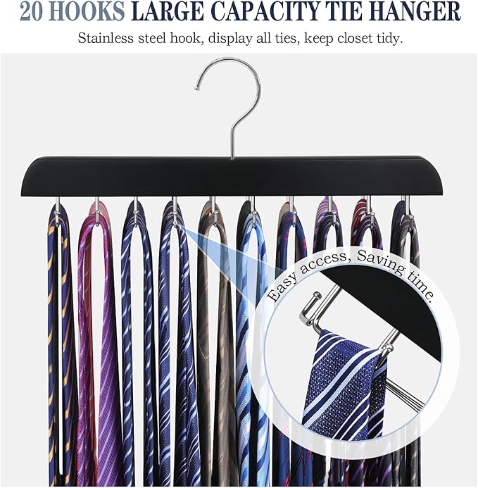 2 Pack Tie Rack Belt Hanger for Closet Upgraded Non Slip Tie Hanger Space Saving with 20 Foldable Hooks Wooden Belt Tie Organizer for Tank Tops Bras Cami Scarves