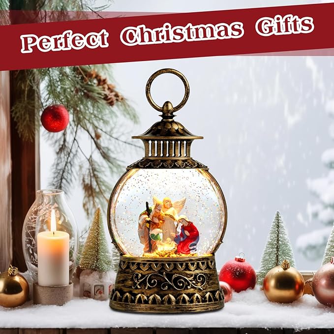 Christmas Nativity Snow Globe, Nativity Musical Snow Globe Lantern Lights with 6H Timer Battery & USB Powered, Retro Style Holiday Glitter Globe for Xmas Home Decoration Holiday Party Gifts
