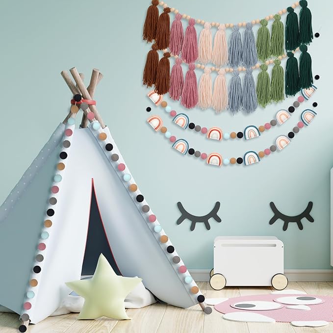 Hahafelt 4 Pcs Sage Green Boho Tassel Garland Wood Bead Tassel Garland Colorful Felt Rainbow Pom Pom Banner Nursery Room Holiday Decoration Retro Wall Hanging Bunting Banner for Home Bedroom Decor