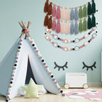 Hahafelt 4 Pcs Sage Green Boho Tassel Garland Wood Bead Tassel Garland Colorful Felt Rainbow Pom Pom Banner Nursery Room Holiday Decoration Retro Wall Hanging Bunting Banner for Home Bedroom Decor