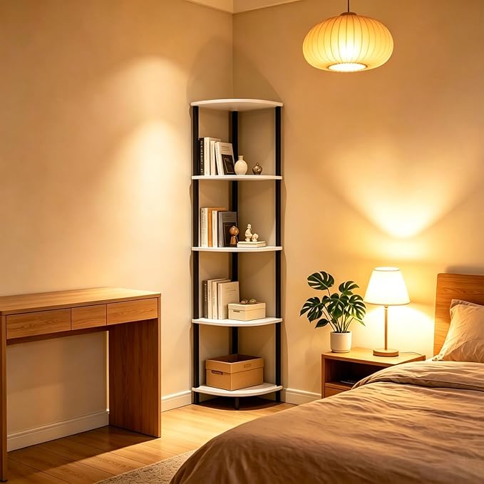 5-Tier Corner Shelf Stand,Tall Narrow Bookshelf for Small Spaces,Rustic Wood & Metal Storage Shelf,Display Plant Stand with Anti-Tip Straps for Bedroom,Living Room,Bathroom,White