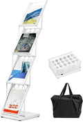 QWORK Foldable Brochure Display Stand, Magazine Brochure Display Rack Stand, 4 Pocket Literature CatalogTradeshow Display Stand, for Office Store and Exhibition Trade Show (White)