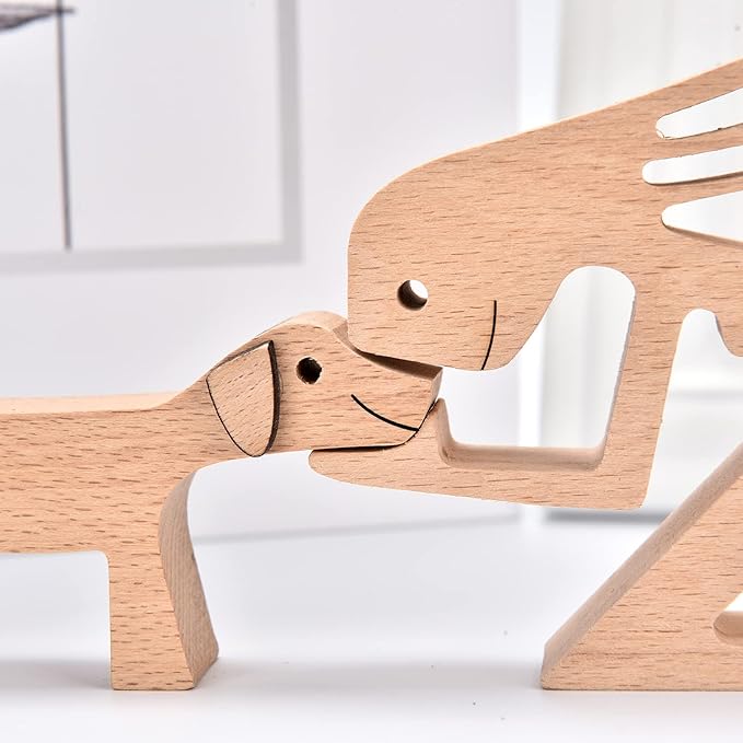 ISHINE Wood Decor Wooden Statue Man and Dog Figurine Handmade Carved Creative Home Office Gift for Men Women Accents Decoration Natural ECO Friendly 7x3 inches (C-Woman Kisses Dog)