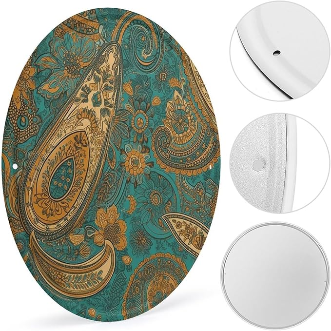 Wall Picture, with Yellow Paisley Pattern Printed Circular Iron Hanging Picture,Wall Art Decor,Home for Bedroom Living Room Bathroom Decor,Iron Painting 11.8X11.8 in