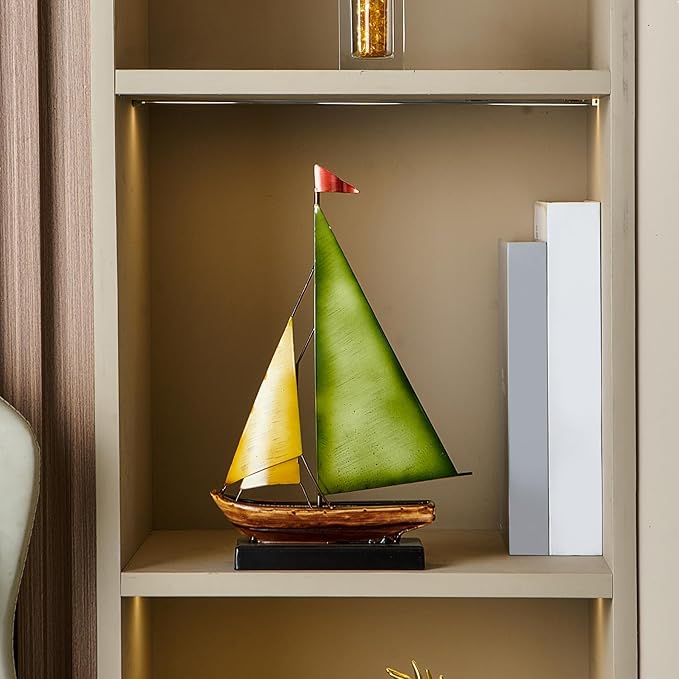 Retro Metal Sailboat Decor, Iron Nautical Sculpture for Home, Vintage Boat Figurine for Living Room Table, Office Desk, Bookshelf, Coastal Style Decoration (Green & Yellow)
