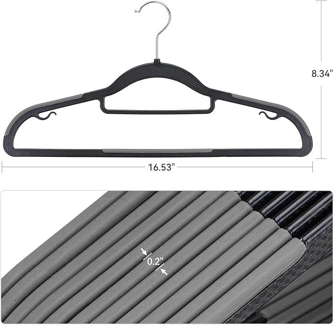 30 Pack Non-Slip Clothes Hangers with Tie Rack, Thin Space-Saving Coat Hangers – Heavy Duty Plastic Clothes Hangers for Suit, Shirts, Pants, Dorms & Home Organization, Black and Dark Gray