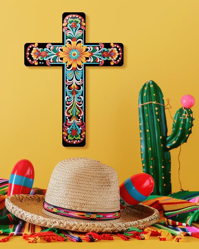 Putuo Decor Floral Cross Wall Decor Hand Painted Decorative Wooden Inspirational Cross Spanish Style Wall Cross Decor Mexican Art Wall Decor Crucifix for Home Room Church Decoration