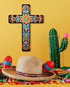 Putuo Decor Floral Cross Wall Decor Hand Painted Decorative Wooden Inspirational Cross Spanish Style Wall Cross Decor Mexican Art Wall Decor Crucifix for Home Room Church Decoration