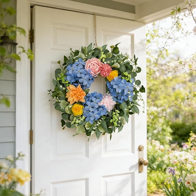 Spring Wreaths for Front Door 24 Inch, Spring Summer Front Door Wreath with Hydrangea & Eucalyptus, Artificial Floral Wreath for Porch Garden Patio Wall Window Indoor Outdoor Home Decor