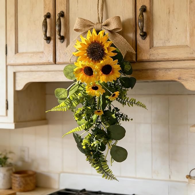 24in Artificial Sunflowers Teardrop Swag Spring Summer Sunflowers Floral Swag Wreath with Burlap Bow Fake Yellow Sunflower Garland for Front Door Indoor Outdoor Window Home Decor