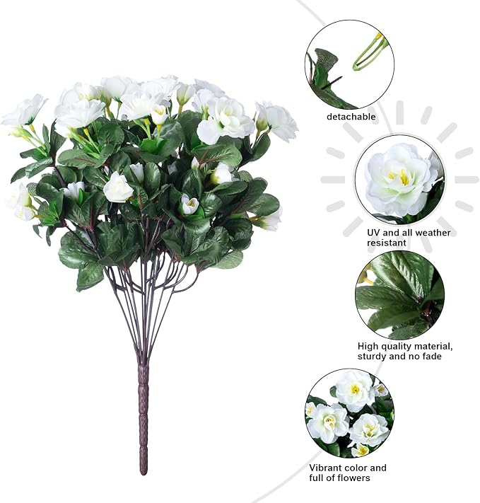 HyeFlora Artificial Fake Flowers Plants for Outdoor Outside Spring Decoration, Faux Silk White Camellia UV Resistant Realistic for Front Door Porch Planter Pot Patio Balcony, 3 Large Bundles