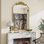 VooBang 24x36 inch Vintage Arched Bathroom Mirror - Gorgeous Wall Vanity Mirror with Beautiful Retro Top and Bottom Engraving Process Frame for Entryway Hallway Living Room, Gold
