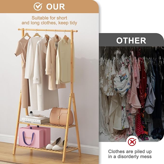 Bamboo Wooden Clothes Rack, Heavy Duty Garment Rack for Hanging Clothes, Freestanding Clothing Rack with 2 Tier Storage Shelves & Side Hooks for Living Room Bedroom Entryway