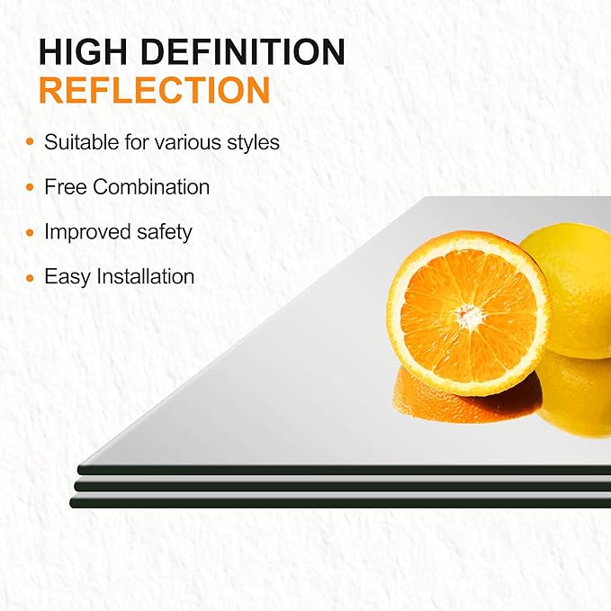 Delma Frameless Mirror Tiles 14"x12"x8 Pcs Wall Mounted, Shatter Resistant Full Length Tempered Glass Panels for Home Gym Bathroom Bedroom & Living Room Decor