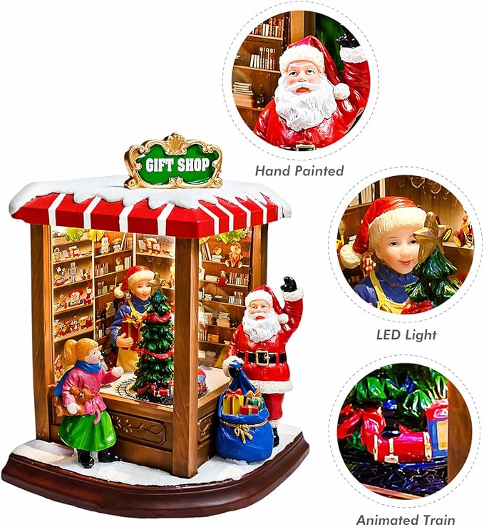 MOMENTS IN TIME Christmas Village Vintage Corner Gift Shop with Santa Claus LED Lights & Music, 8 Christmas Songs, Battery Operated, Handcrafted Polyresin Santa Figurine Holiday Decoration