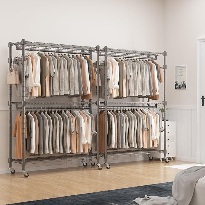 BATHWA Heavy Duty Garment Rack on Wheels, Rolling Clothes Racks for hanging clothes, Simple Sturdy Wardrobe Rack with Double Hanging Rods, 8 Side Hangers, Gray
