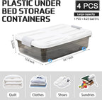 4 Pcs Plastic Under Bed Storage Containers with Lid Wheel Handle, Transparent Large Capacity Stackable Latching Storage Bins for Closet Bedroom Clothes Shoes (Brown,23.7 x 15.8 x 5.2)