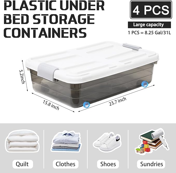 4 Pcs Plastic Under Bed Storage Containers with Lid Wheel Handle, Transparent Large Capacity Stackable Latching Storage Bins for Closet Bedroom Clothes Shoes (Brown,23.7 x 15.8 x 5.2)