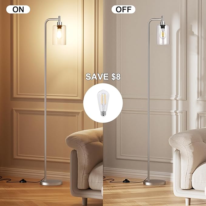 Ziisee Floor Lamps for Living Room - Industrial Standing Lamp with Glass Shade, Modern Floor Lamp with LED Bulbs, Tall Lamp for Bedroom Office - Brushed Nickel